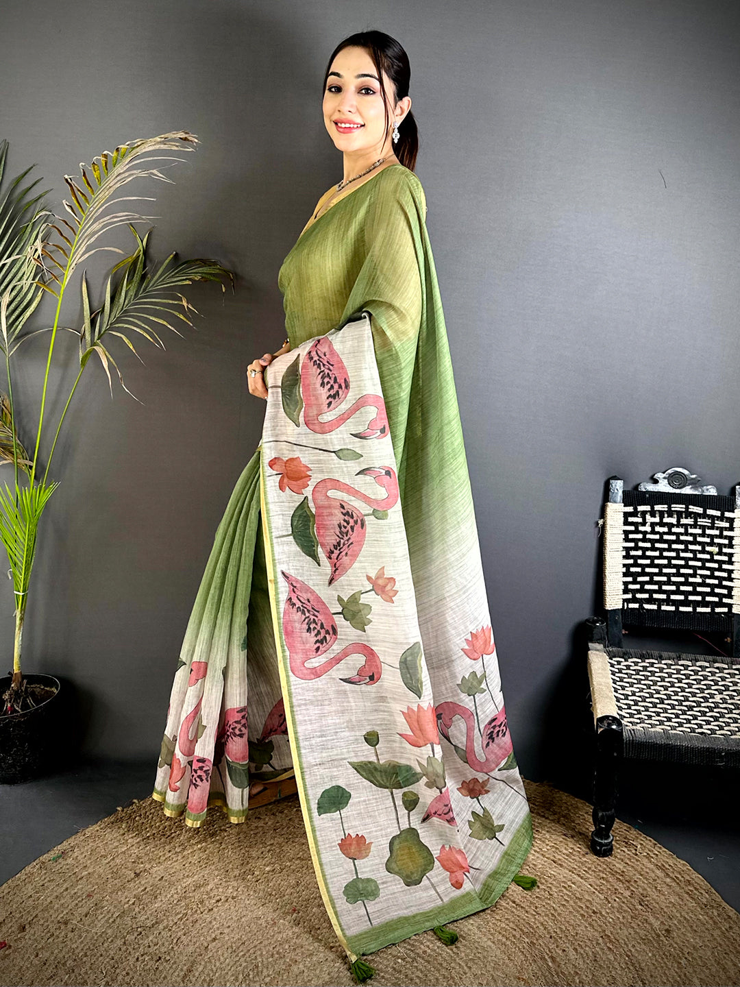 Green Swan Gold Zari Linen Saree