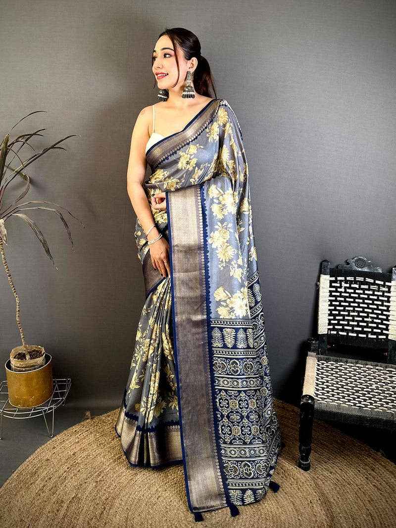 Grey Dola Big Floral Zari Kanchi Saree