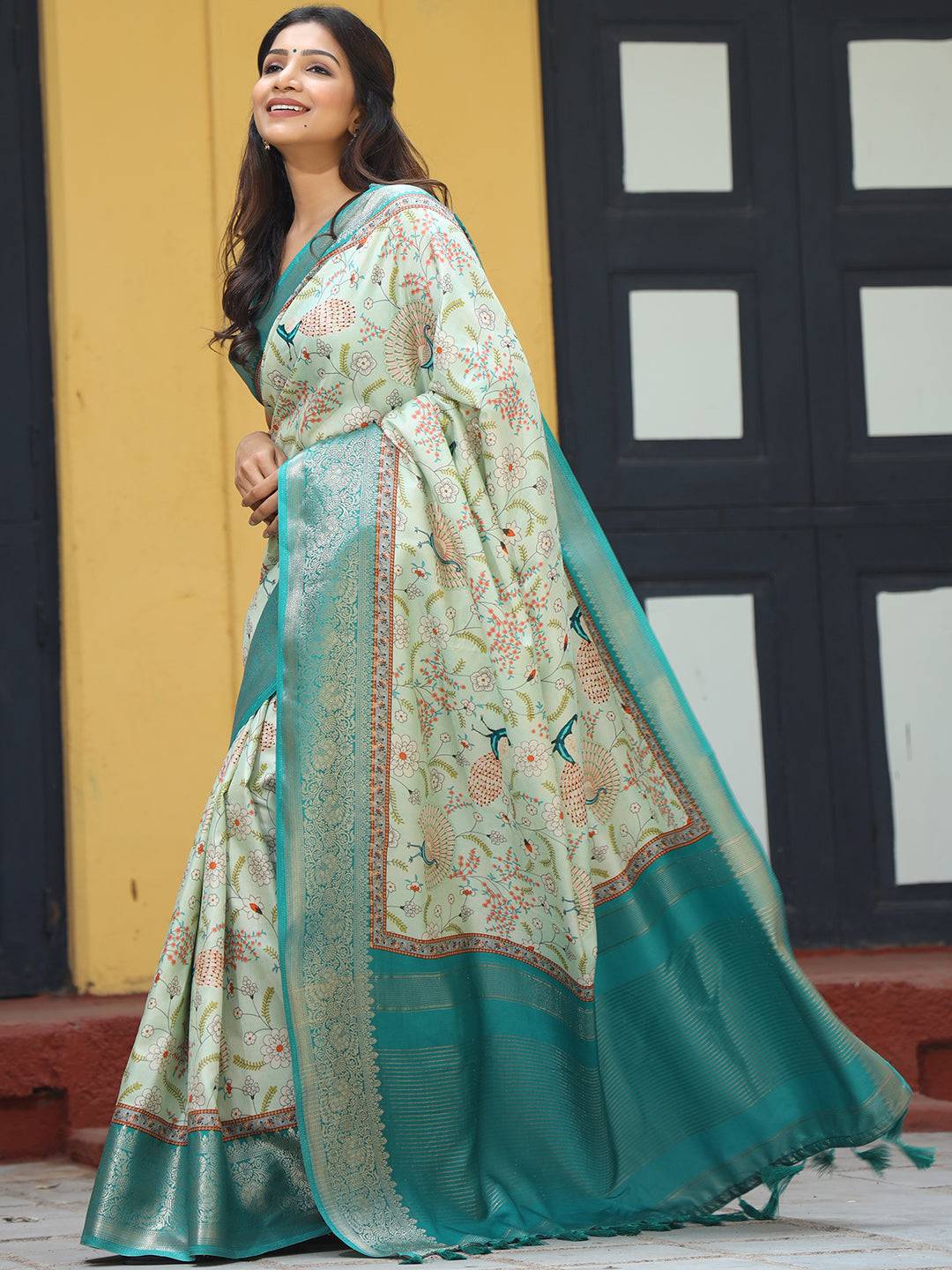 Pista Ajrak Block & Hand Kalamkari Print Pure Viscose Saree