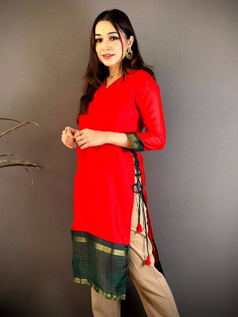 Red Soft Kota Crepe V Neck Kurti