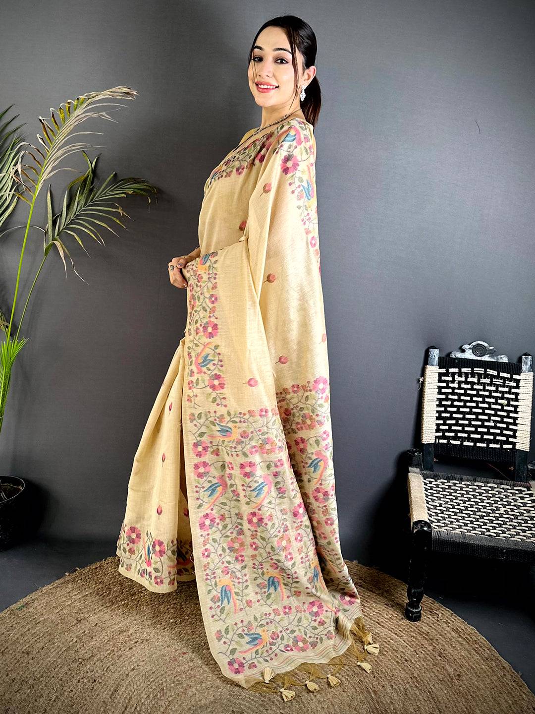 Royal Linen Slub Minakari Saree