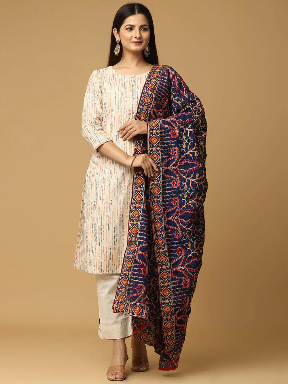 Elegant navy chiffon dupatta with detailed embroidery