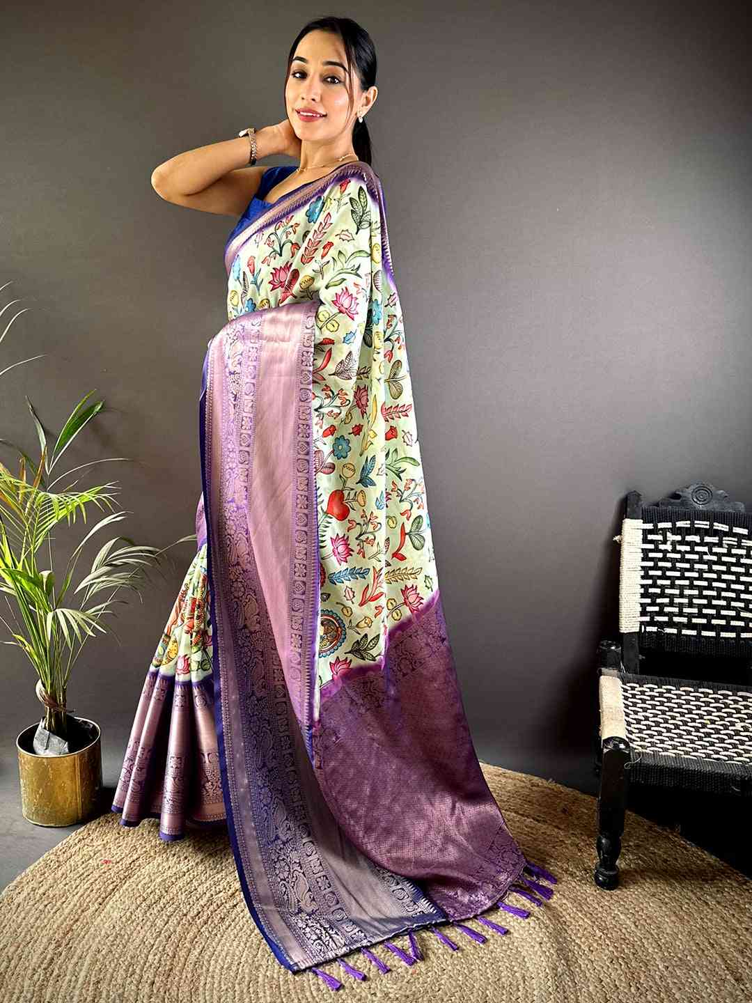 Pista Soft Banarasi Silk Floral Kalamkari Saree