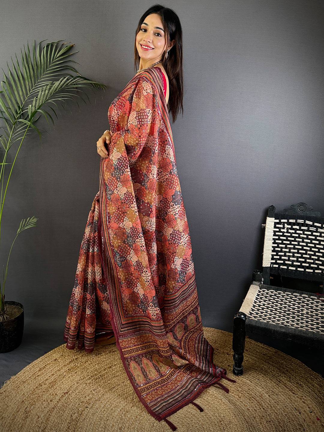 Rust Charm Mirror Work Silk Saree