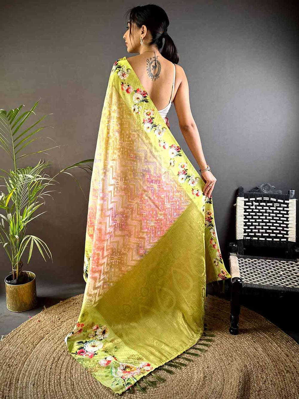 Lime Green Zari Zigzag Kota Doriya Saree