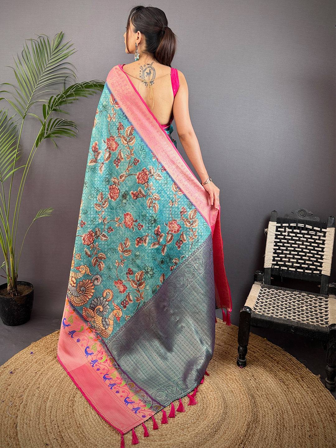 Teal Kora Muslin Kalamkari Floral Print Saree