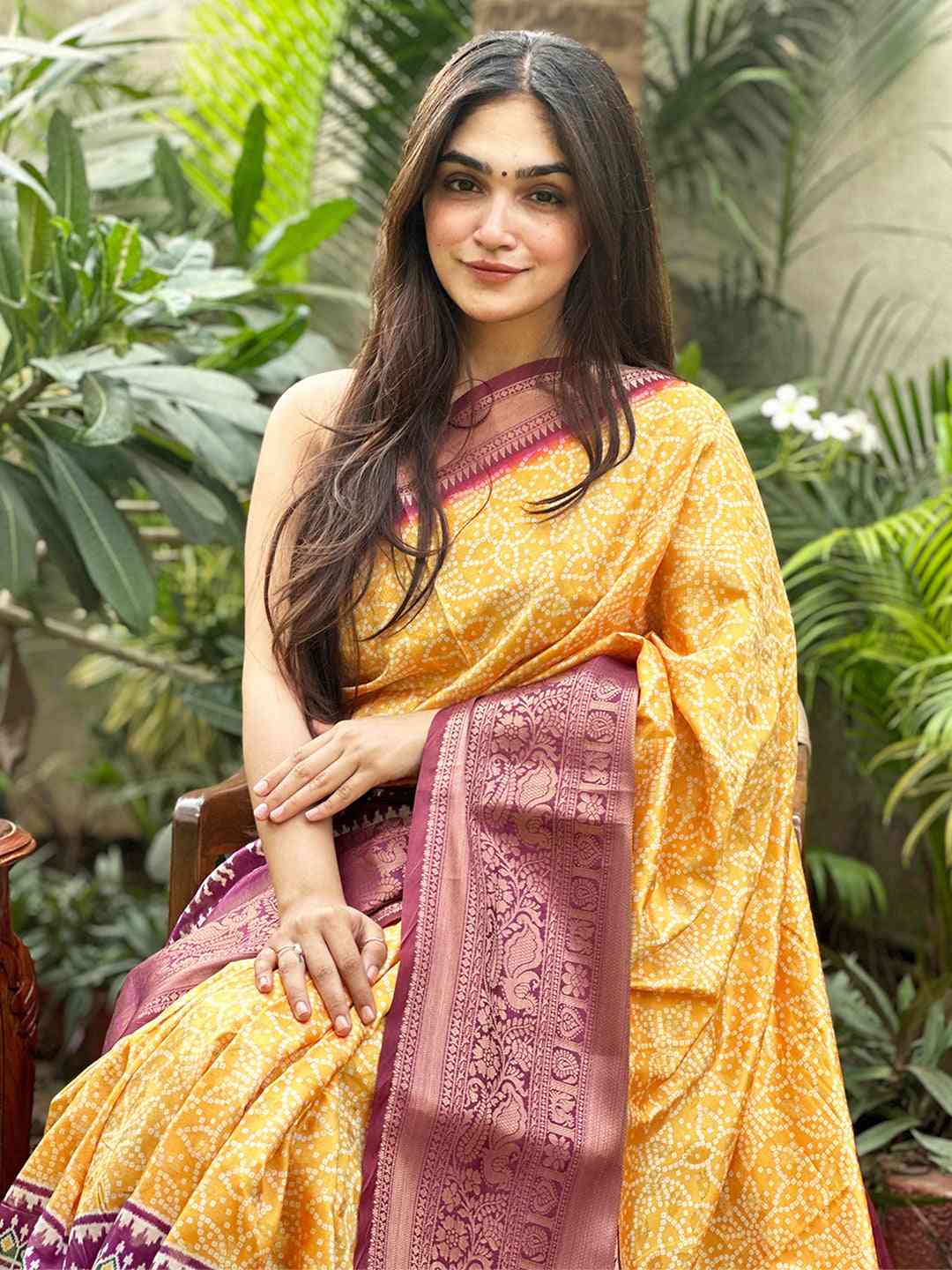 Soft Silk Bandhej Saree showcasing digital print details