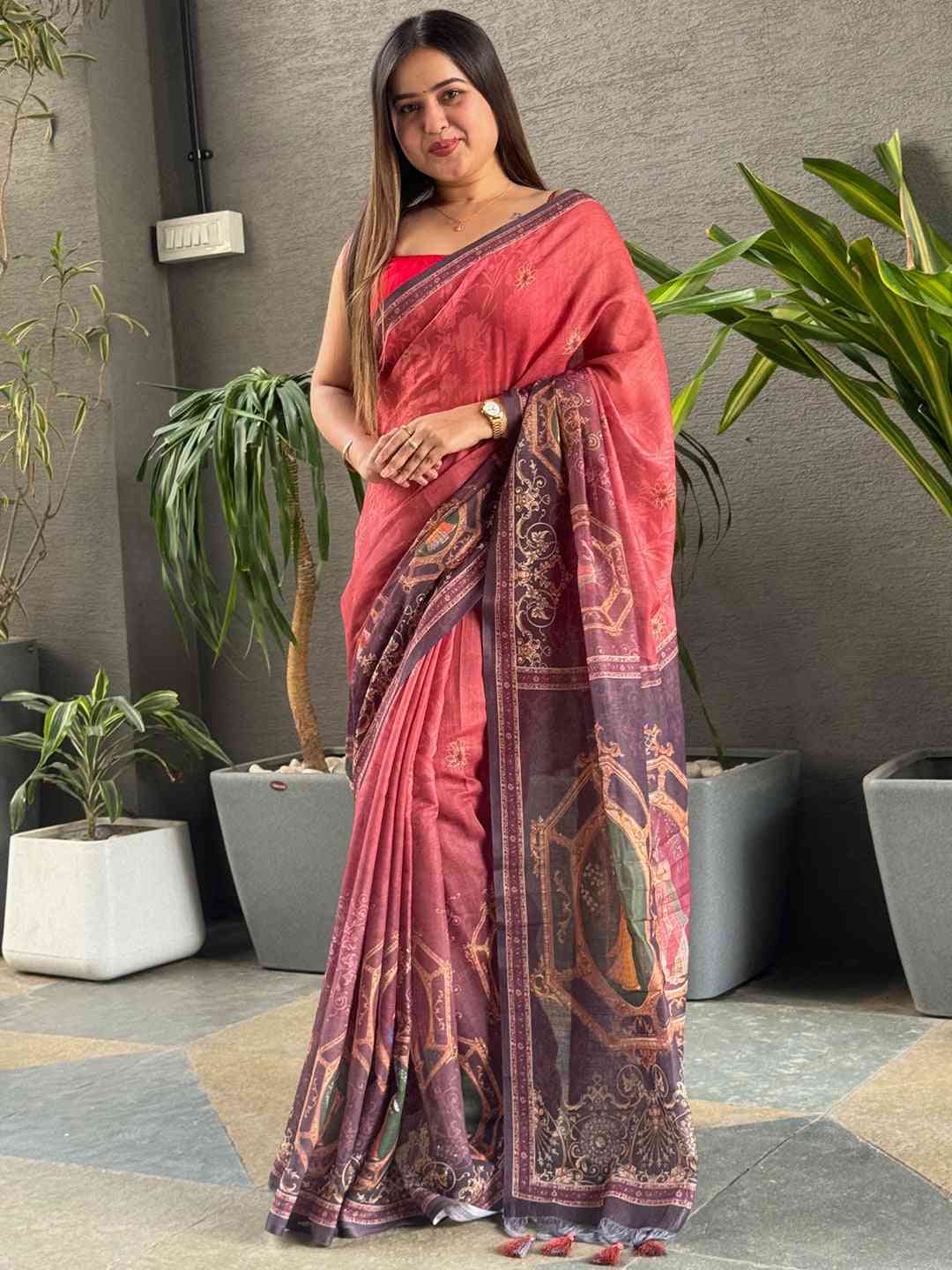 Elegant red linen saree with intricate digital print