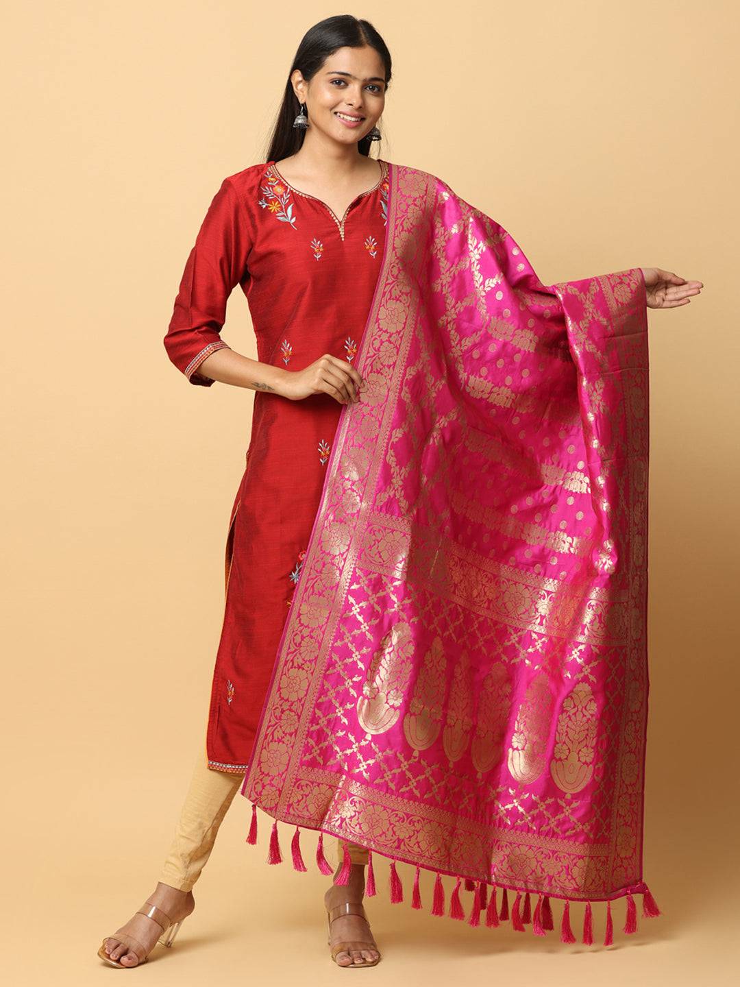 Silk blend woven design dupatta with resham tassels