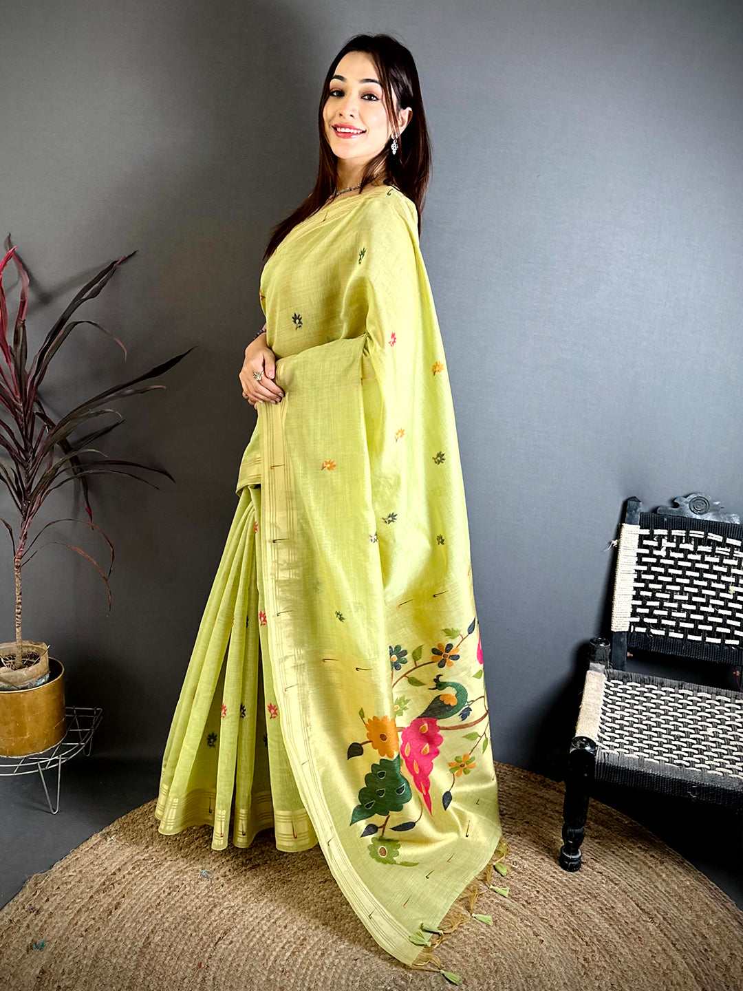 Lime Munia Minakari Khadi Saree