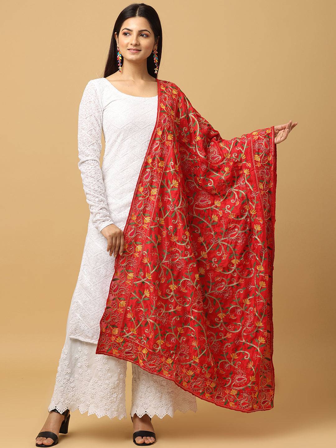 Beautiful red poly chiffon pashmina dupatta with threadwork.