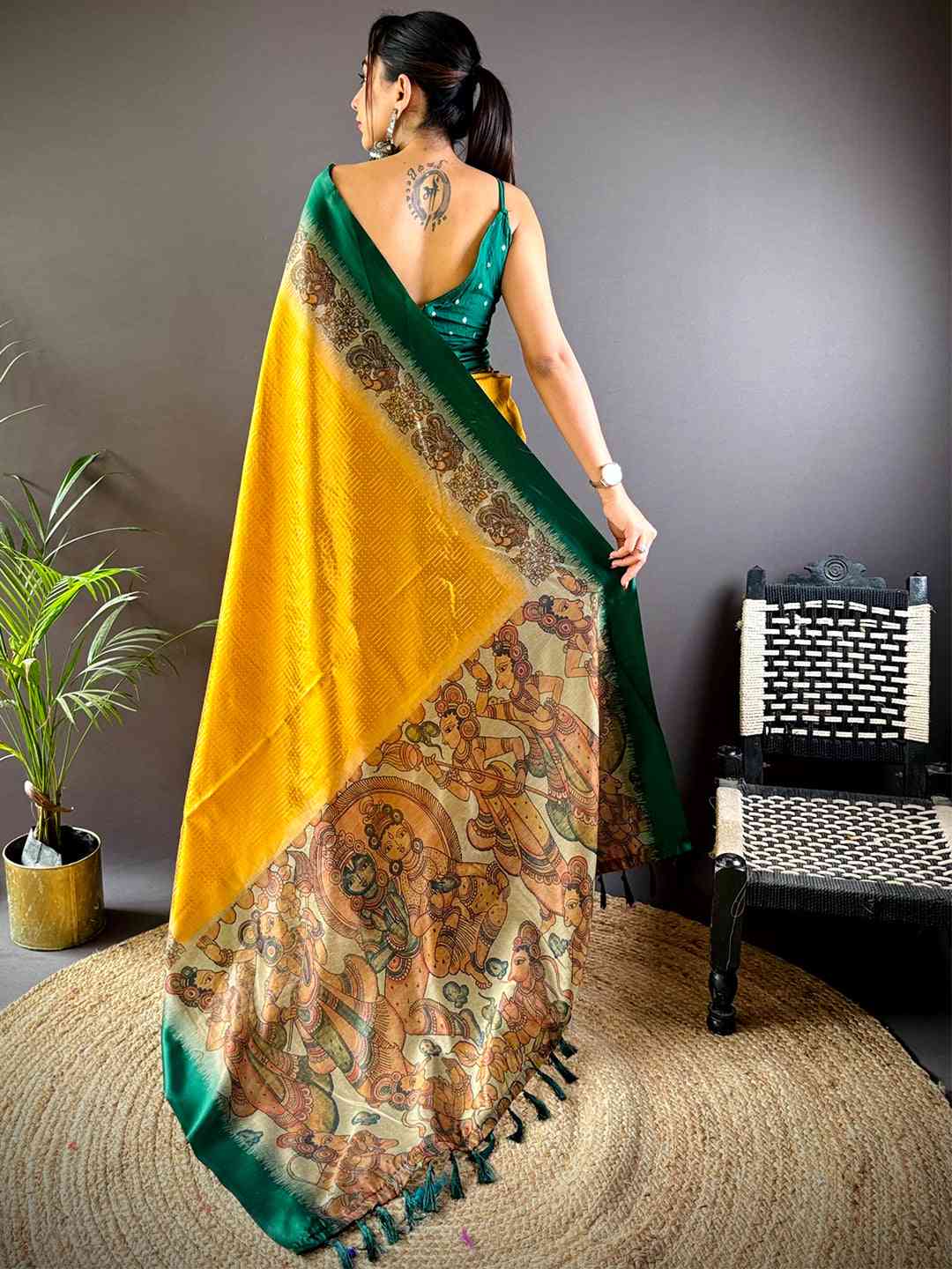Mustard Soft Silk Kalamkari Pallu Saree