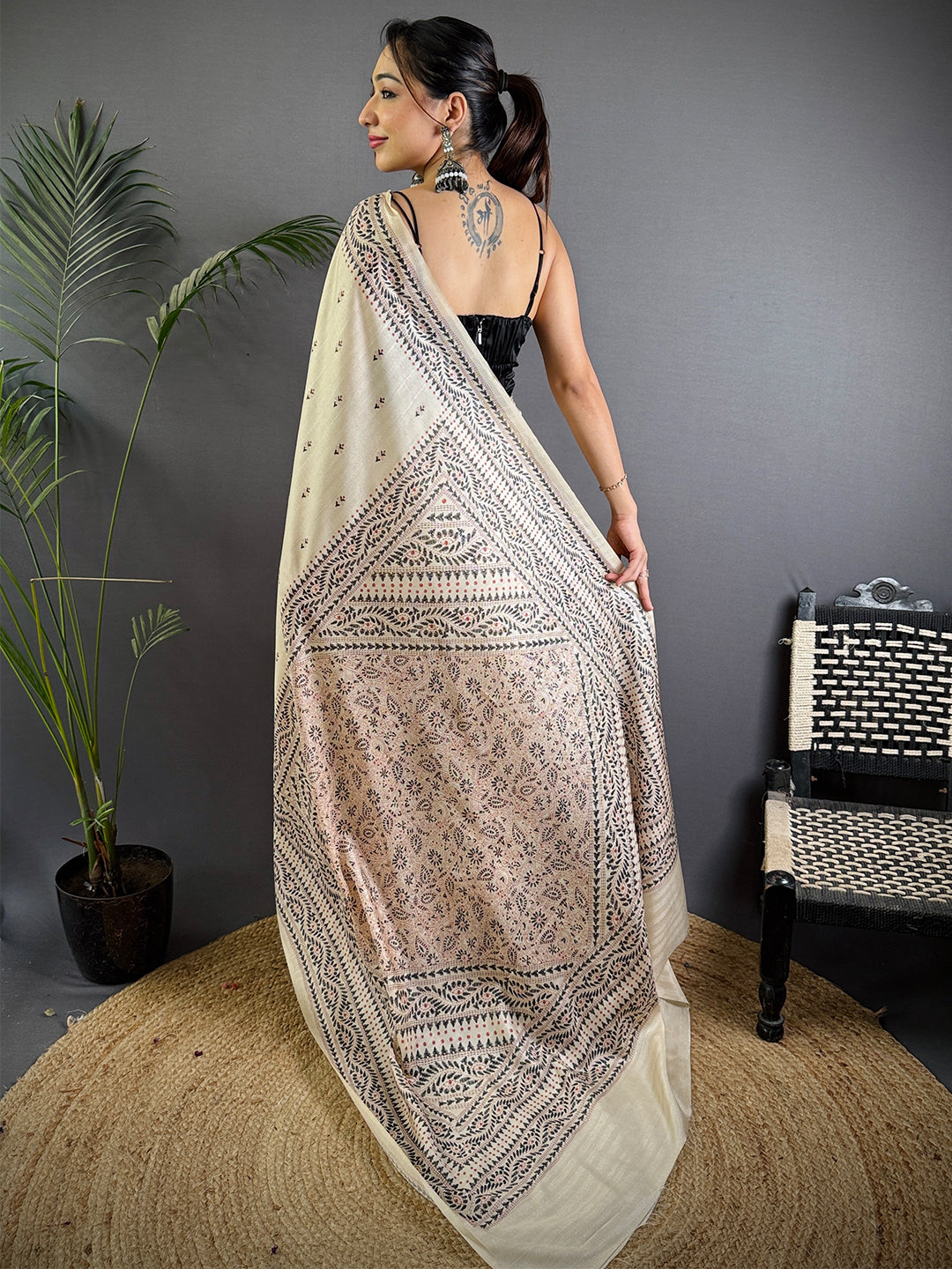Cream Tussar Silk Madhubani Print Saree