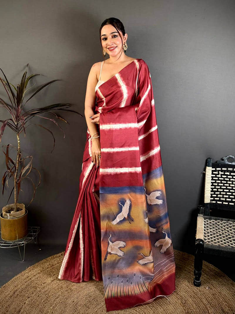 Soft Tussar Bird Shibori Print Saree