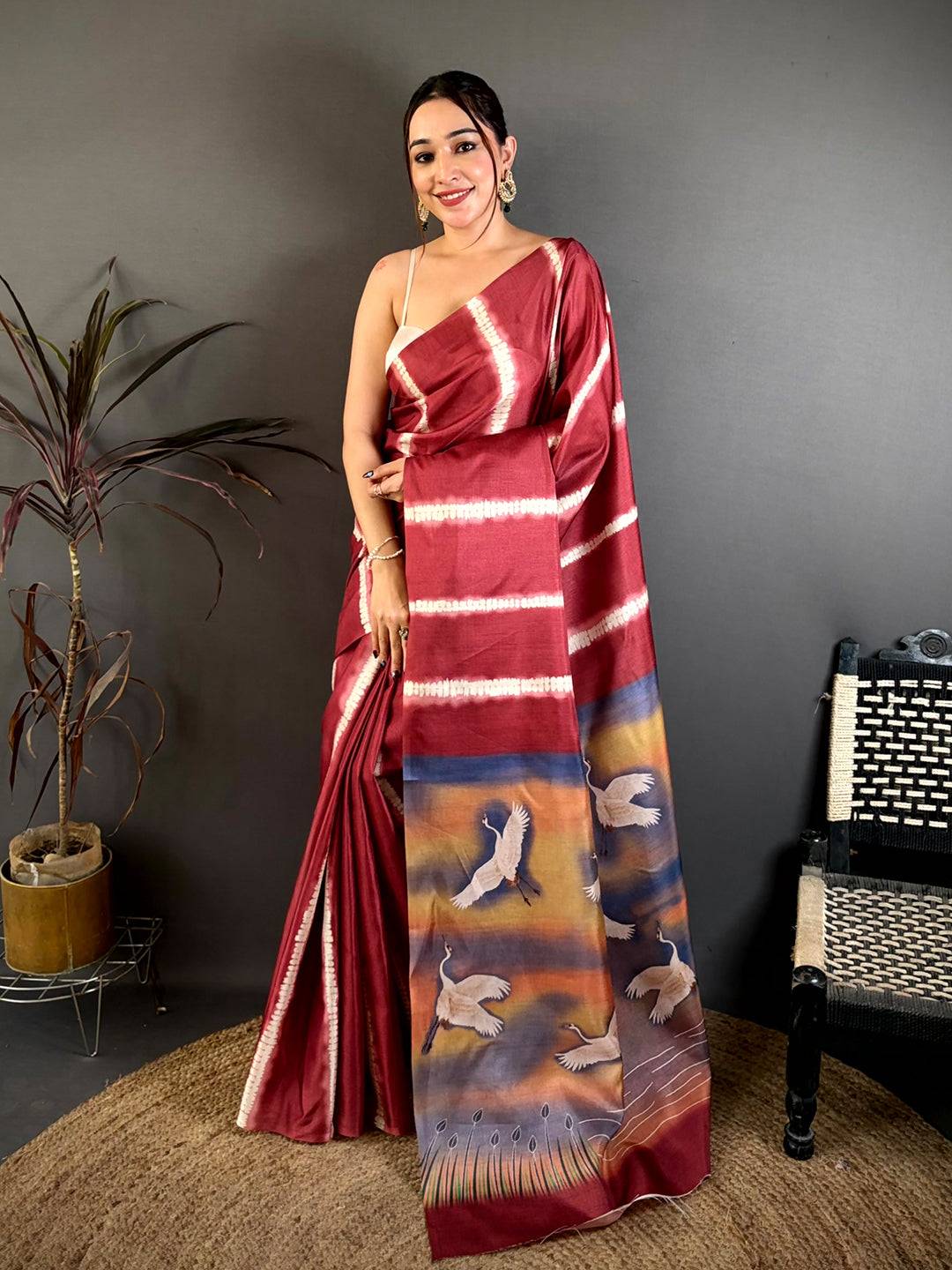 Soft Tussar Bird Shibori Print Saree