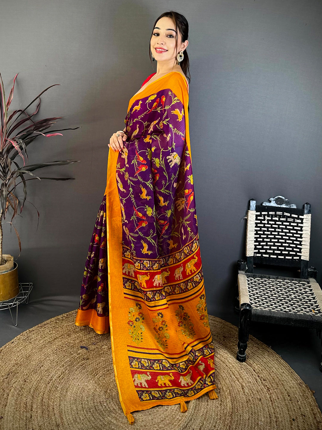 Purple Kota Doriya Block Print Saree