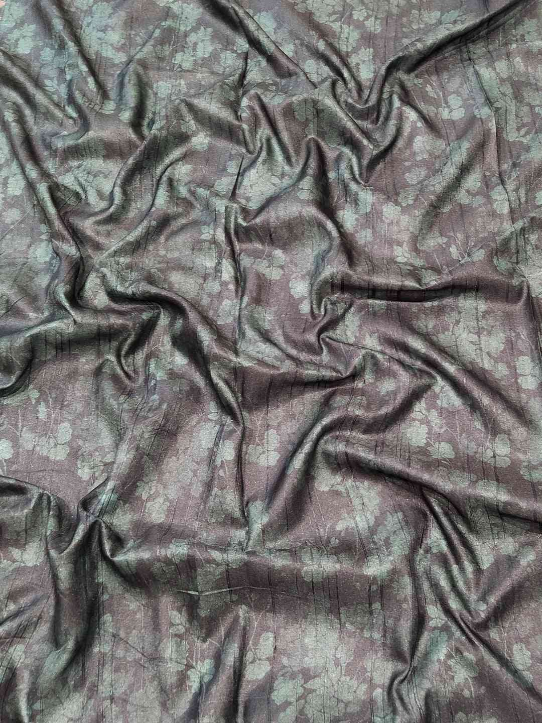 Teal silk fabric with copper zari floral design