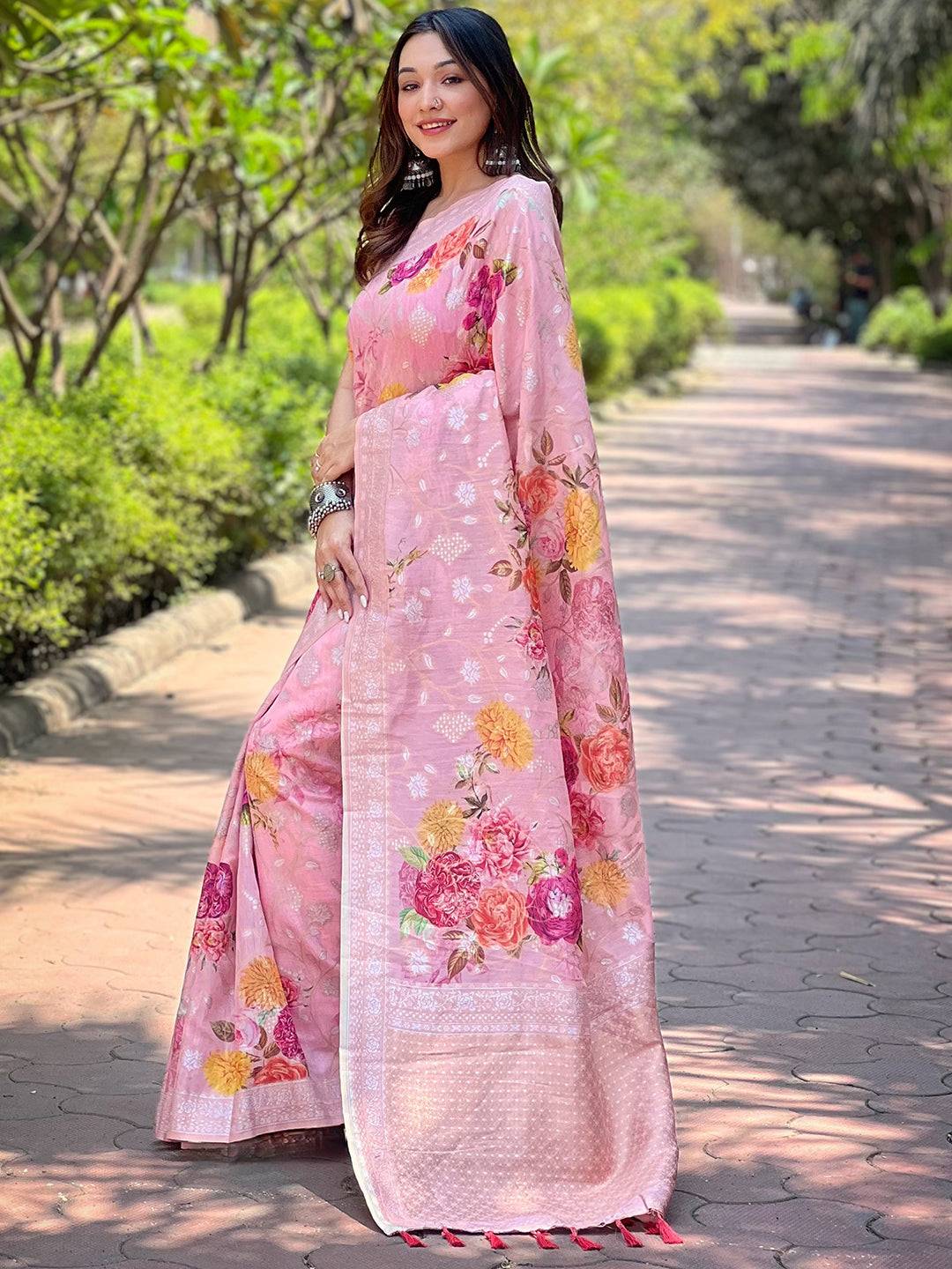 Traditional Light Pink Lakhnavi Bandla Zari Weaving Saree