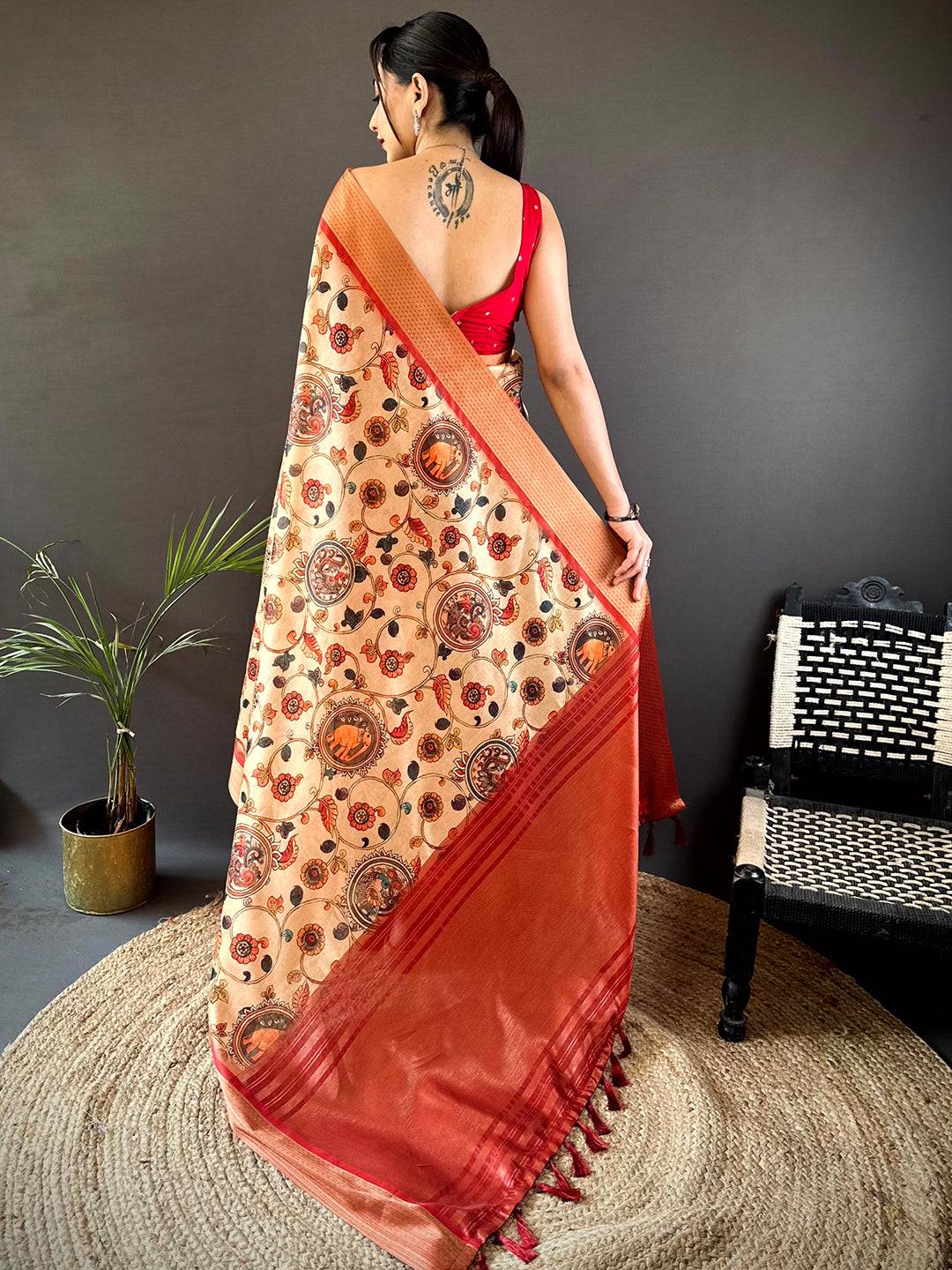 Beige Digital Kalamkari Printed Tussar Silk Saree