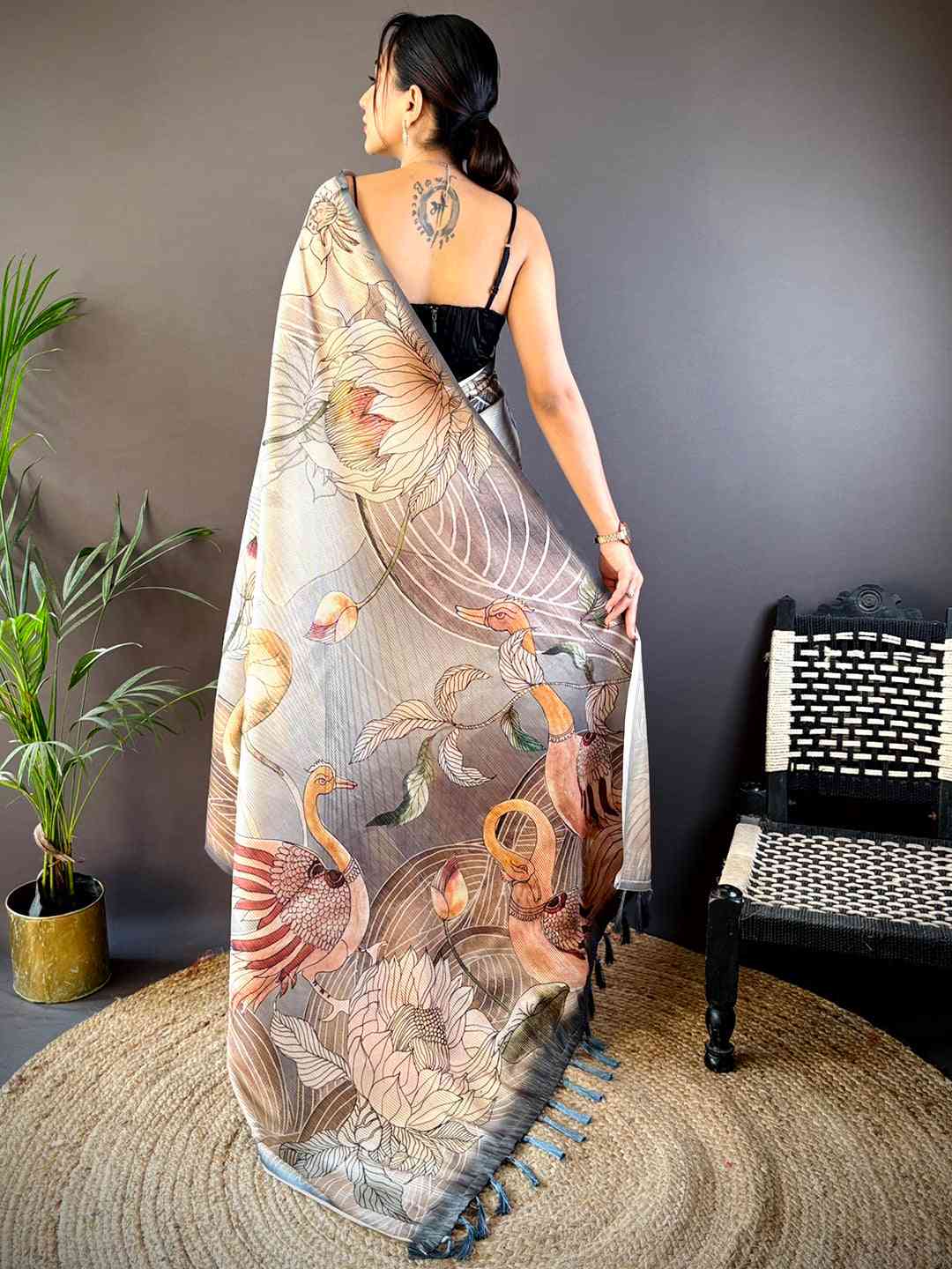 Grey Semi Zari Tussar Botanical Saree