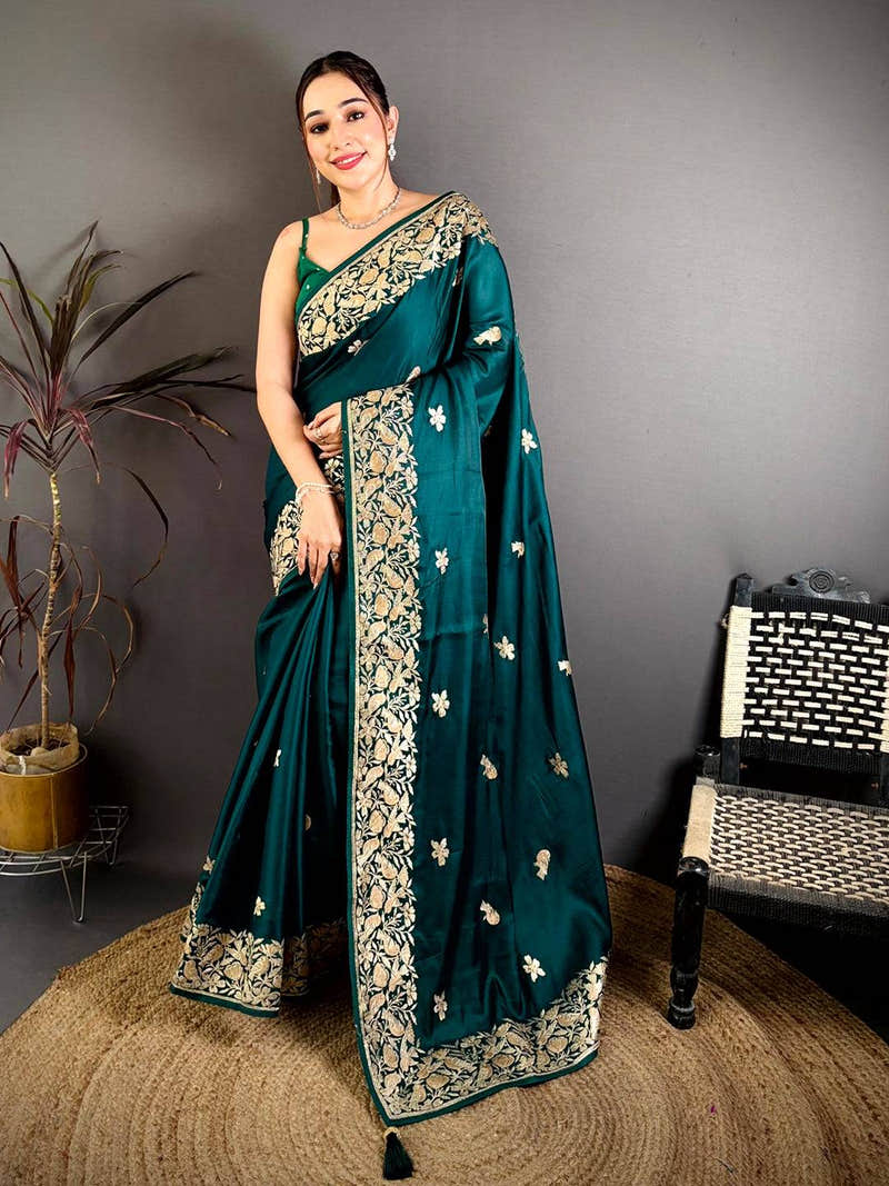 Green Aari Bird Work Soft Satin Saree