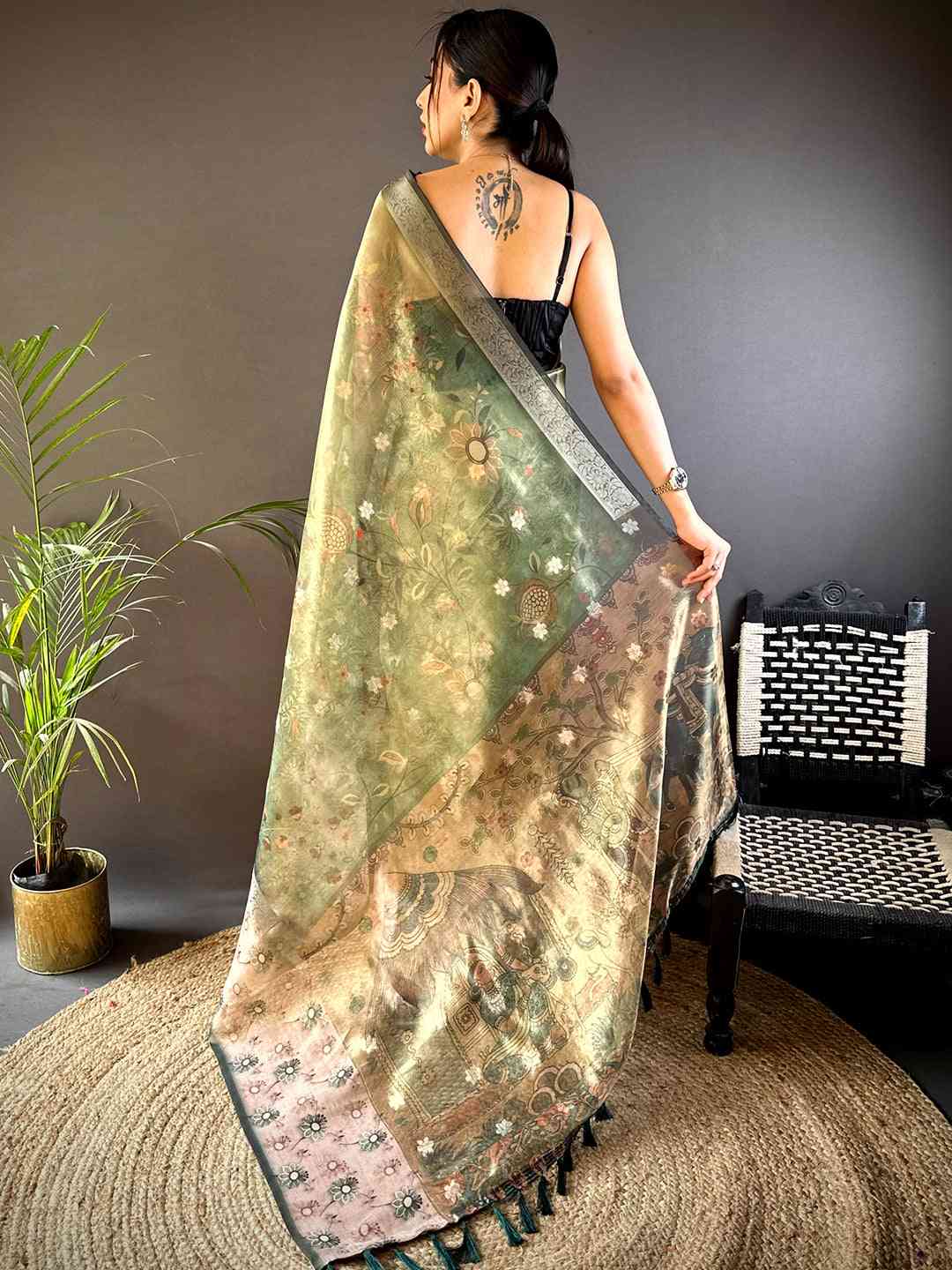 Green Floral Satin Bentex Border Saree