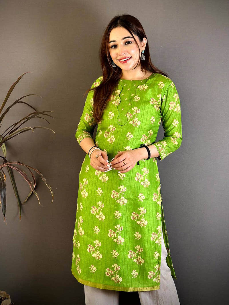 Green Crew Neck Tussar Ghicha Ethnic Kurti