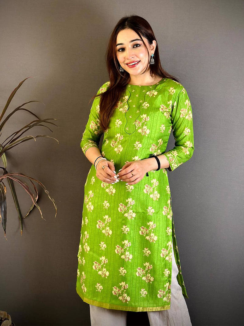 Green Crew Neck Tussar Ghicha Ethnic Kurti
