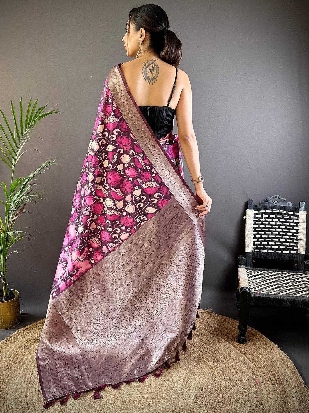 Rose Wine Soft Silk Kalamkari Saree