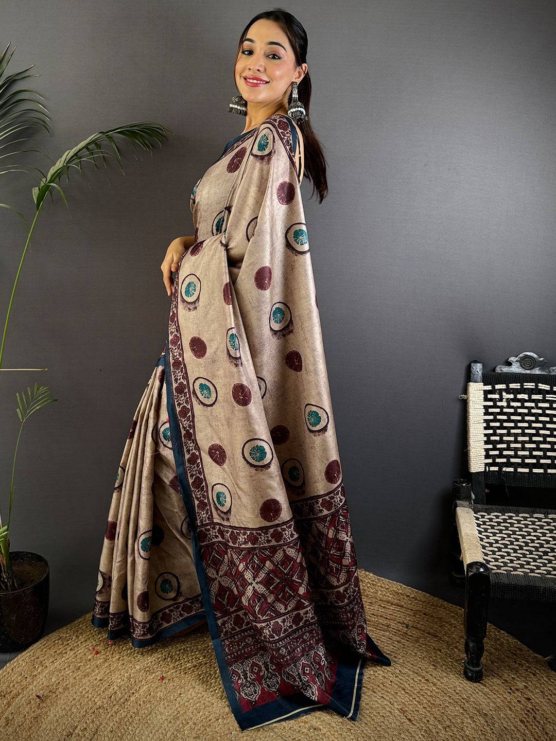 Tan Soft Dola Silk Printed Saree