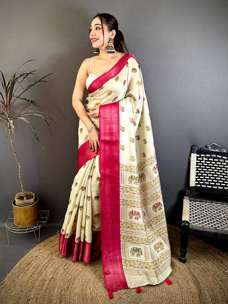Regal Ajrakh Block Kalamkari Dola Saree