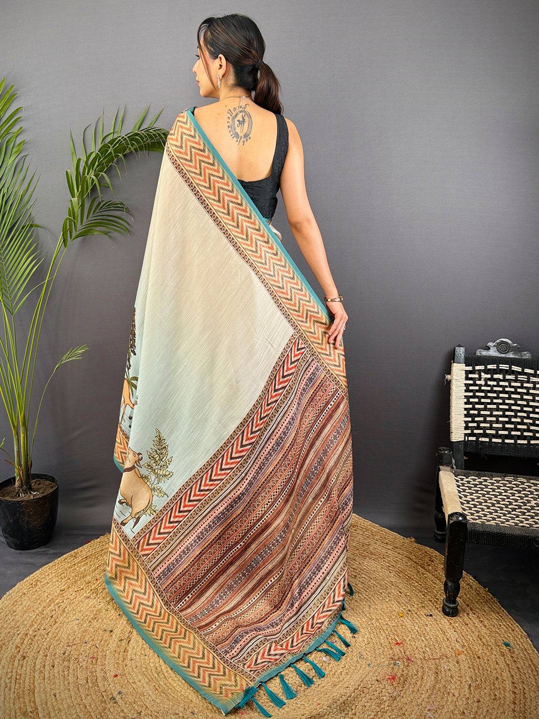 Ivory Linen Block Kalamkari Print Saree