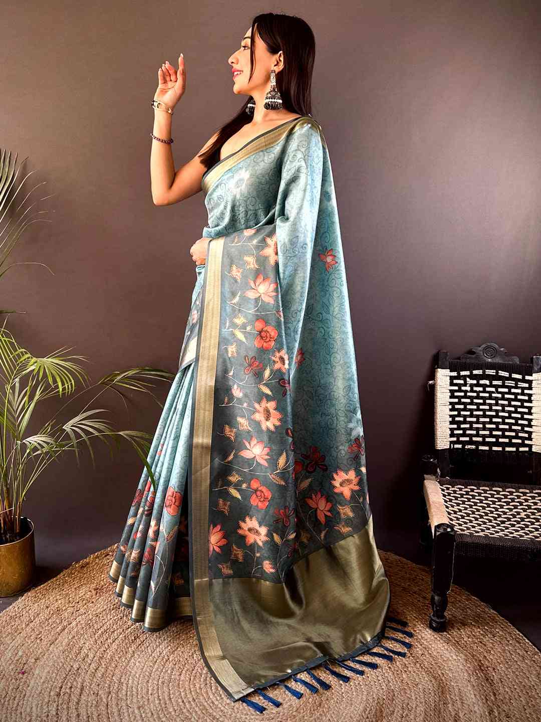 Blue Floral Grace Soft Silk Tissue Saree