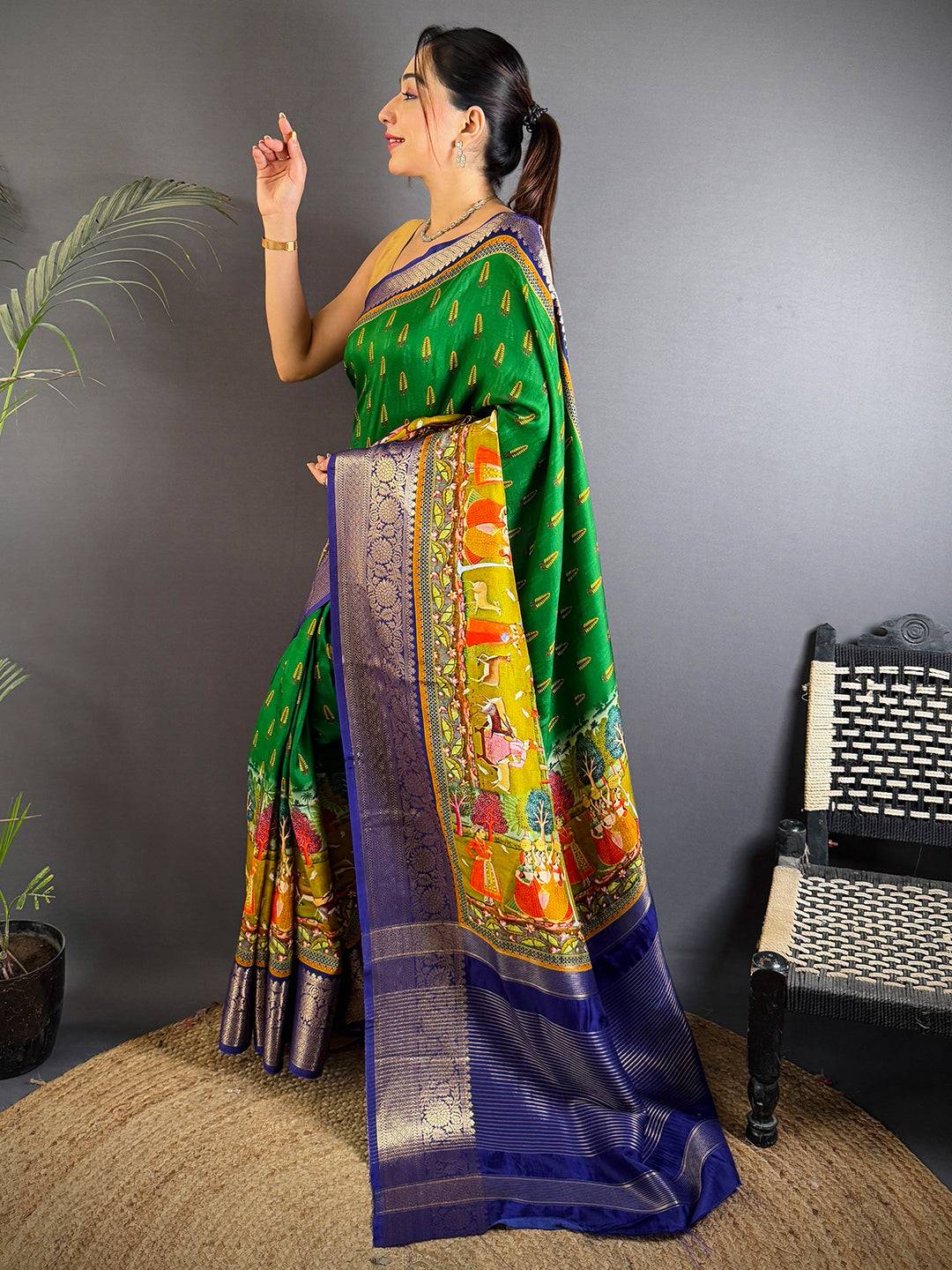 Emerald Green Viscose Pichwai Print Saree