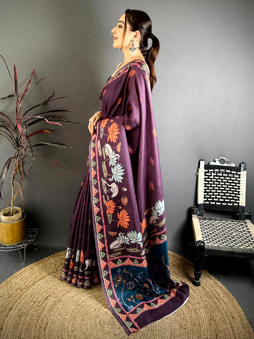 Dark Purple Kalamkari Print Tussar Saree