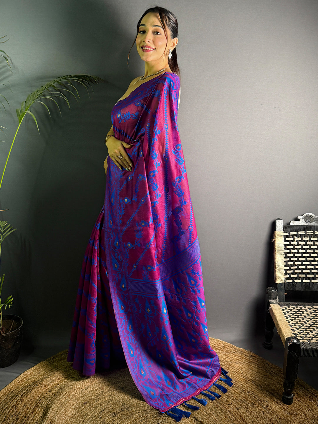 Wine Cotton Silk Dhakai Jamdani Saree