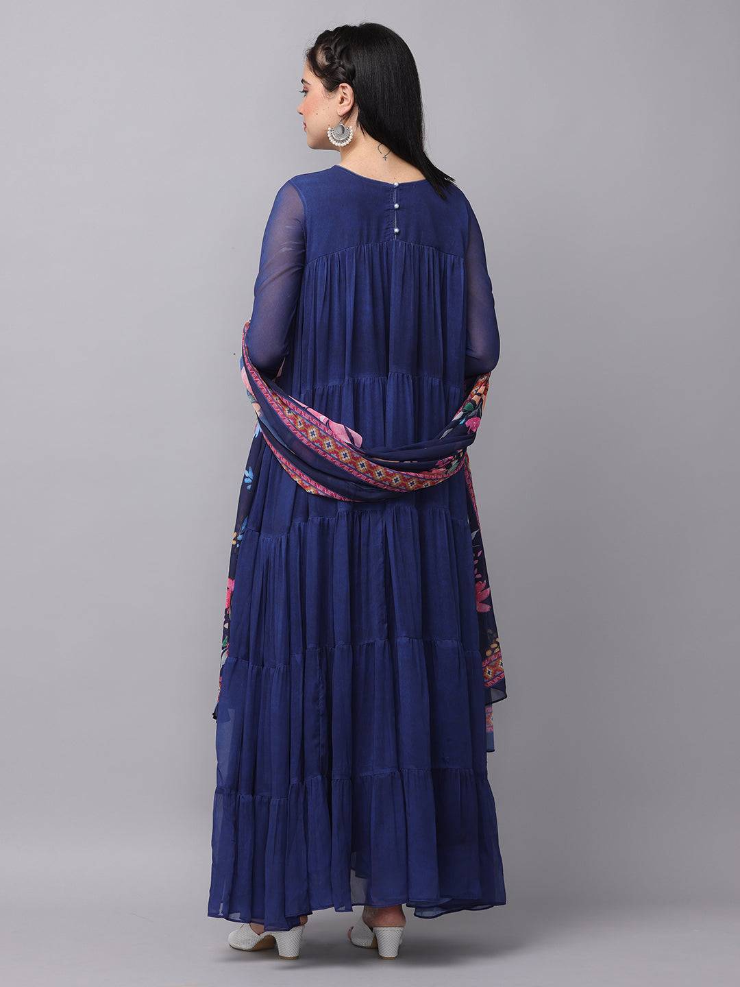 Back view of Royal Sapphire Blue Georgette Long Dress