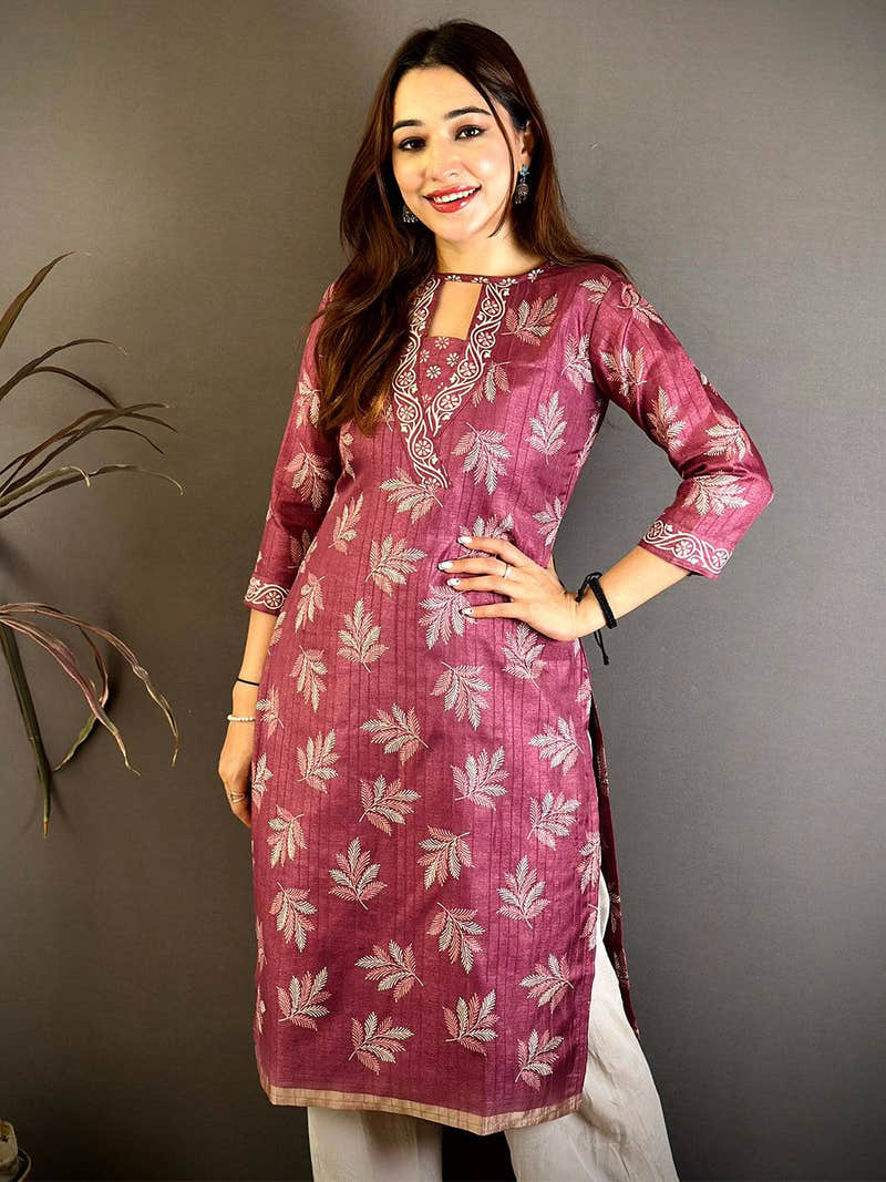 Mauve Handloom Ghicha Leaf Print Saree with Border Hem