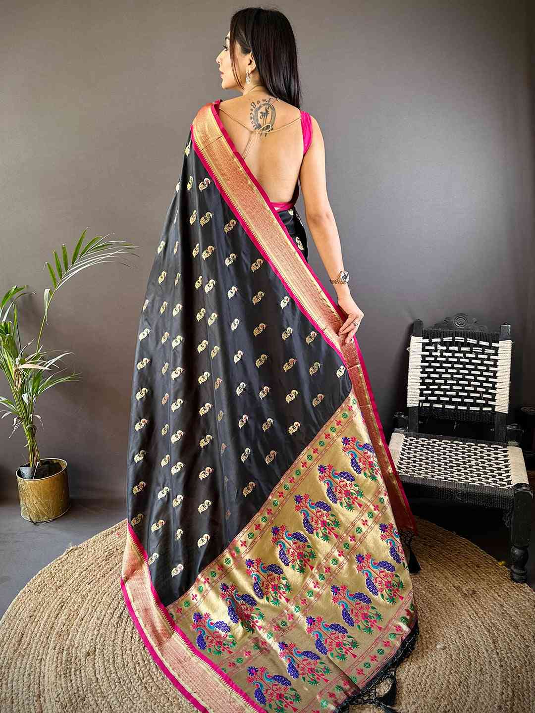 Traditional Black Colour Yevla Paithani Minakari Work Silk Saree