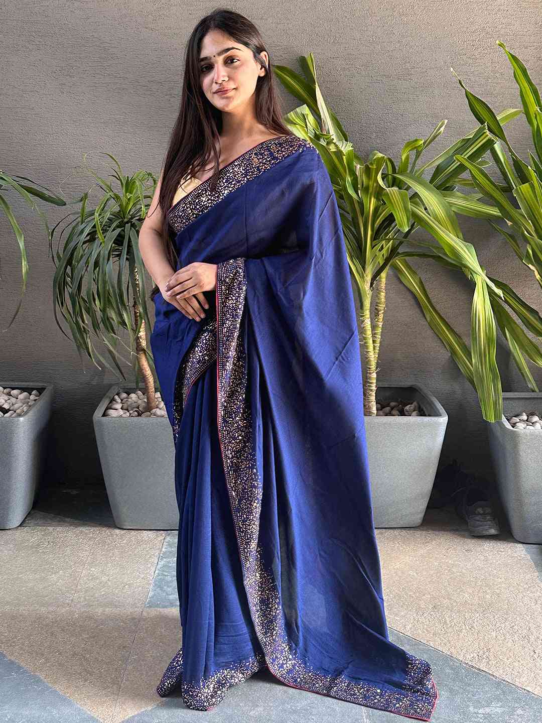Navy Vichitra silk saree with Swarovski stone work