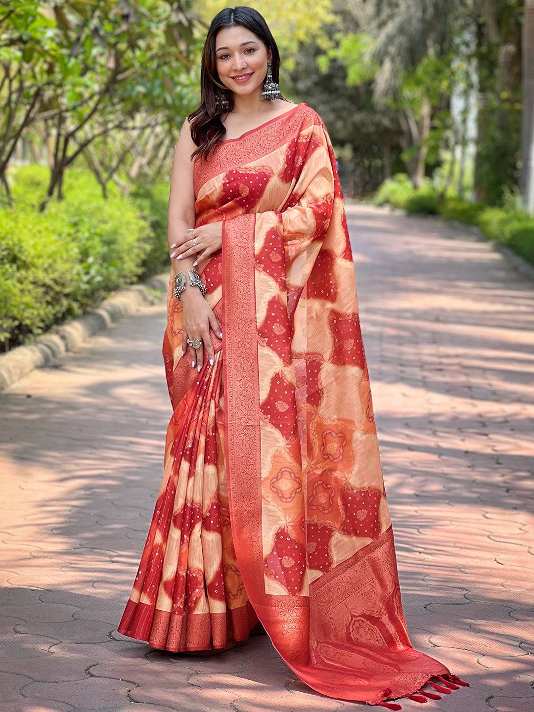 Elegant peach Banarasi saree with digital block placement print
