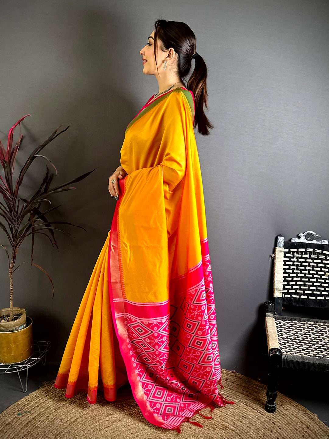 Yellow Ganga Jamuna Ikkat Katan Silk Saree