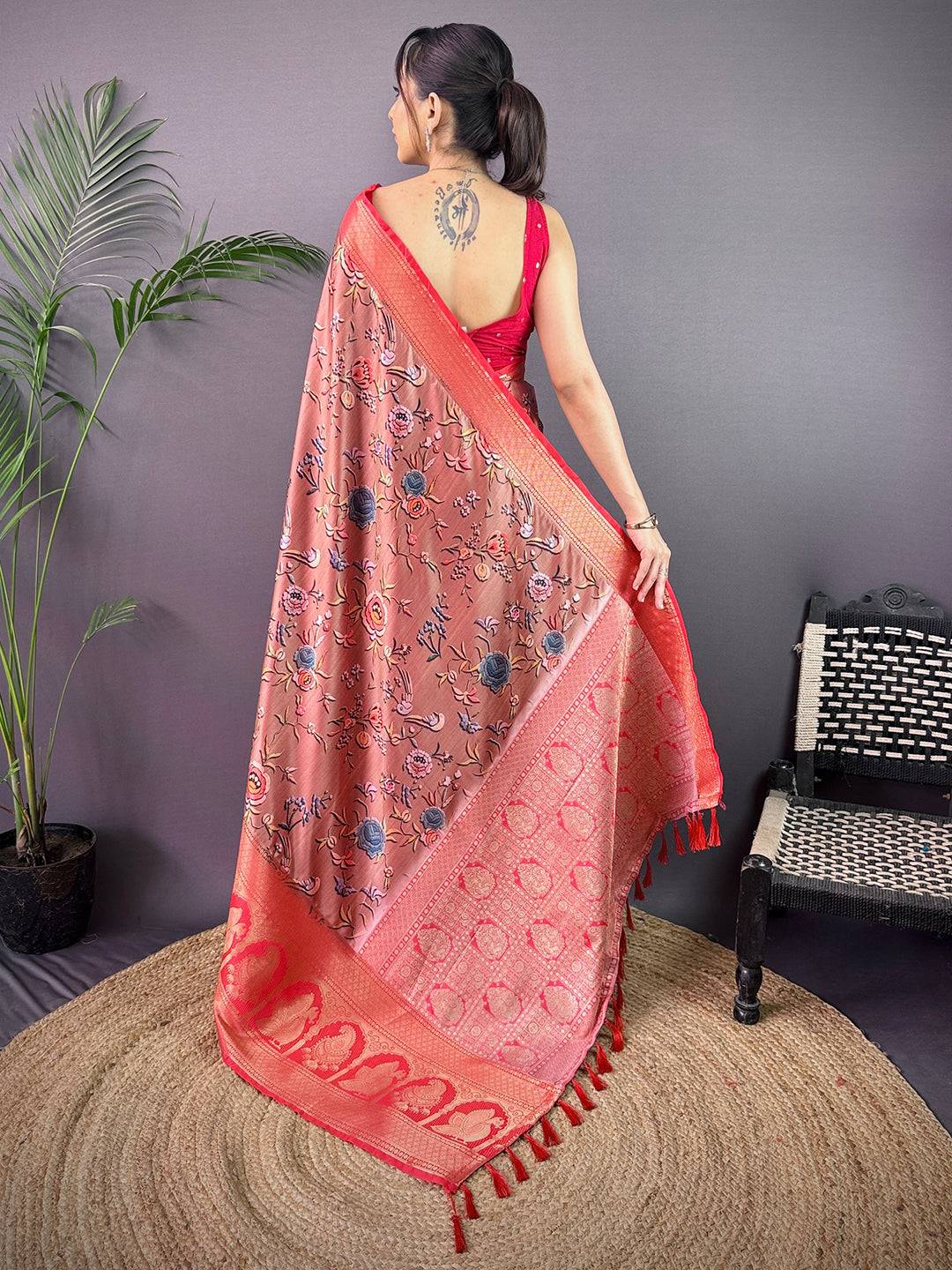 Ethereal Soft Cherry Satin Kalamkari Print Saree