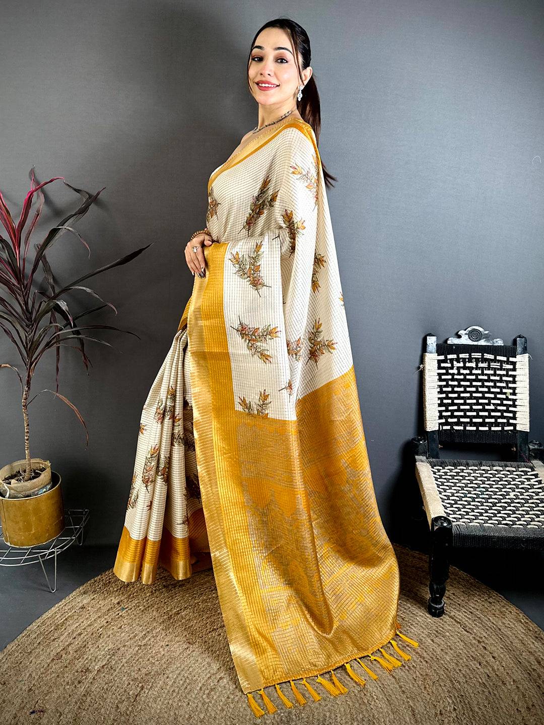 Yellow Leaf Minakari Tussar Saree