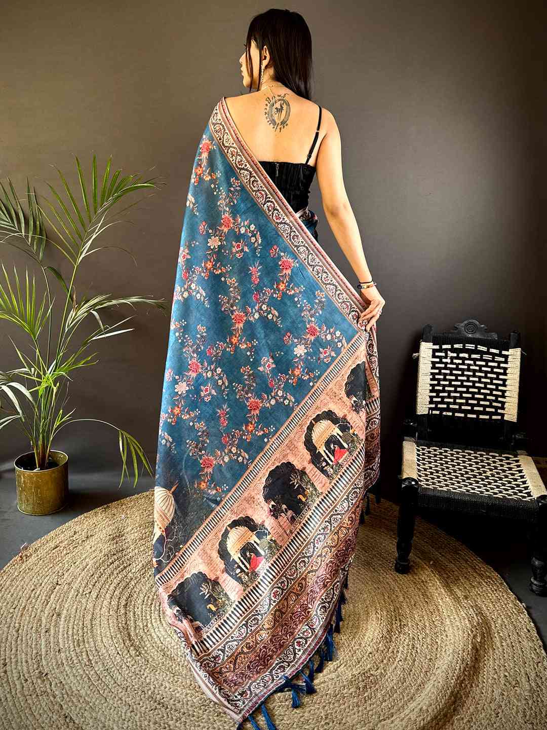 Deep Blue Tissue Chanderi Kalamkari Handprint Saree