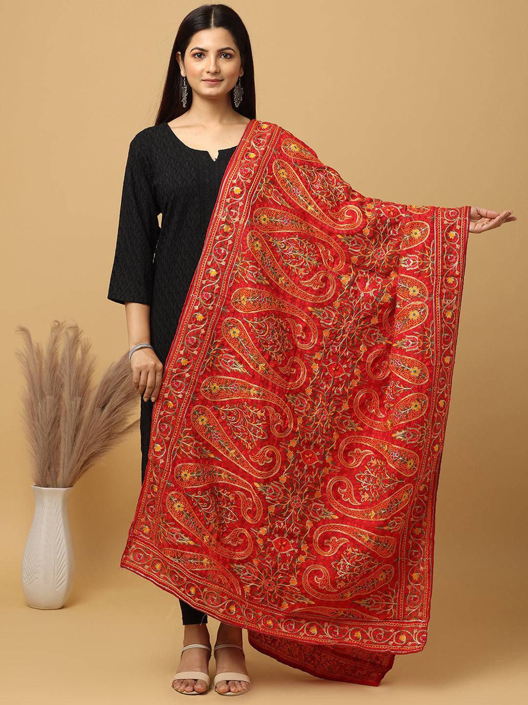 Red poly chiffon pashmina dupatta with intricate threadwork