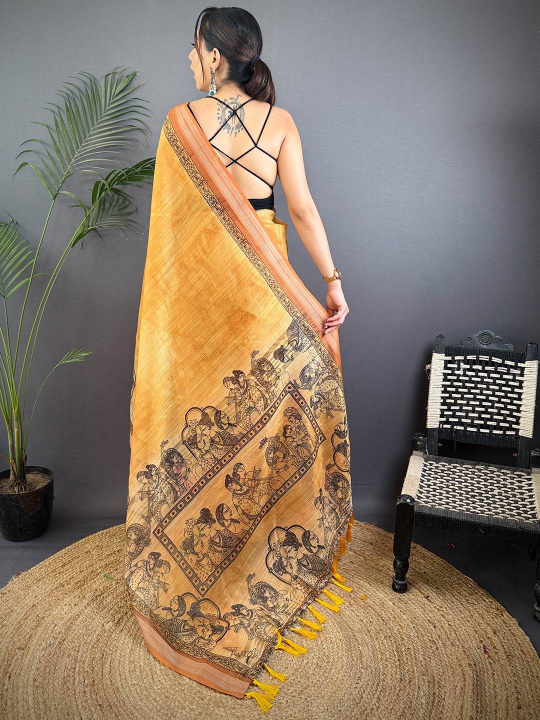 Mustard Linen Kalamkari Printed Saree