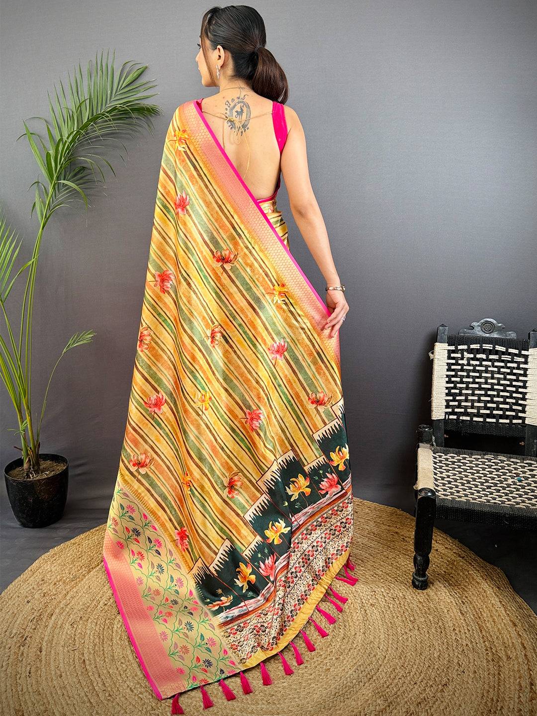 Yellow Freehand Digital Print Soft Silk Saree