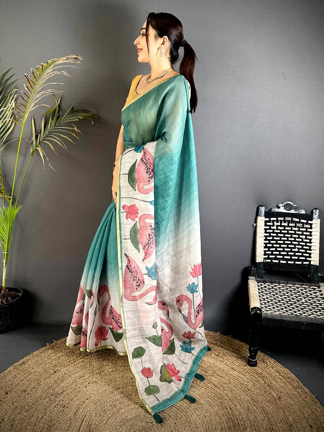 Rama Swan Gold Zari Linen Saree