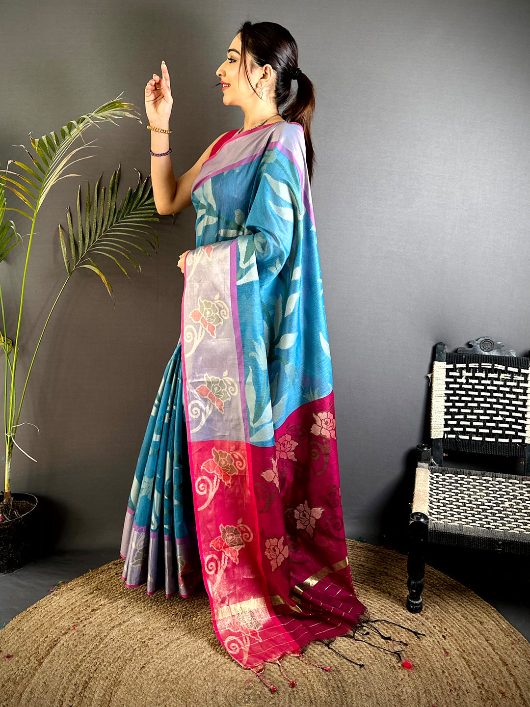 Turquoise Blue Soft Chanderi Pochampally Ikkat Saree